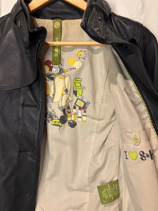 Soia & Kyo Black Genuine Leather Jacket XS Hip Length Button Front Designer - Picture 8 of 14